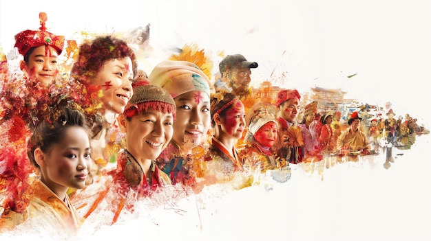 Collage de divers visages asiatiques avec des éléments culturels et une expression artistique vibrante