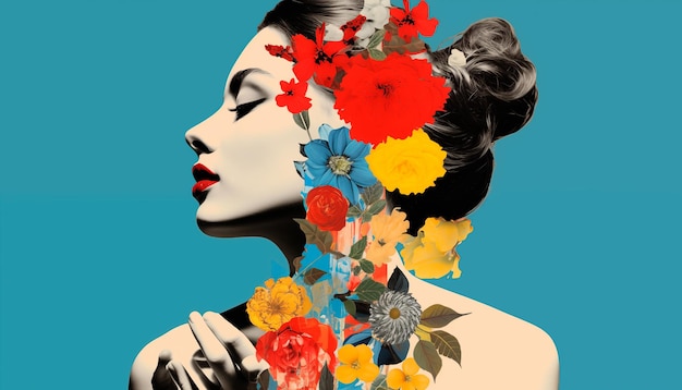 Un collage élégant d'une jeune femme avec de belles fleurs sur un fond bleu