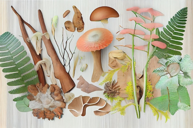 Collage d'éléments naturels avec des champignons pastel Generative Ai