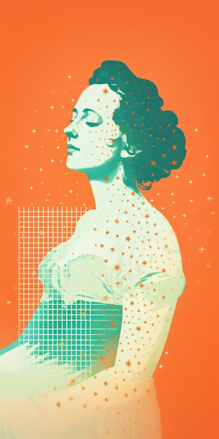 Photo collage femme d'art devant le carré orange avec des points et des grilles