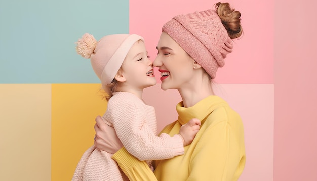 Collage d'une femme heureuse et de son adorable petite fille sur fond coloré Joyeuse fête des mères