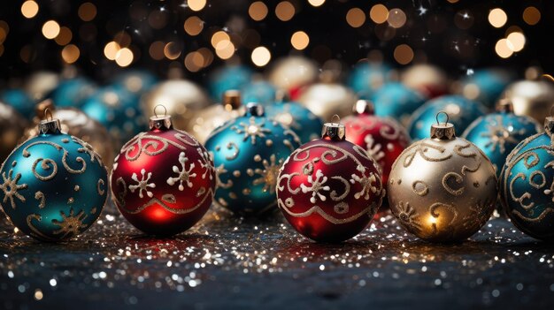 un collage festif d'ornements de Noël avec des boules scintillantes de lumières scintillantes