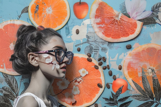 Collage d'une fille avec des lunettes sur un fond d'été avec des tranches de pamplemousse Bonjour printemps