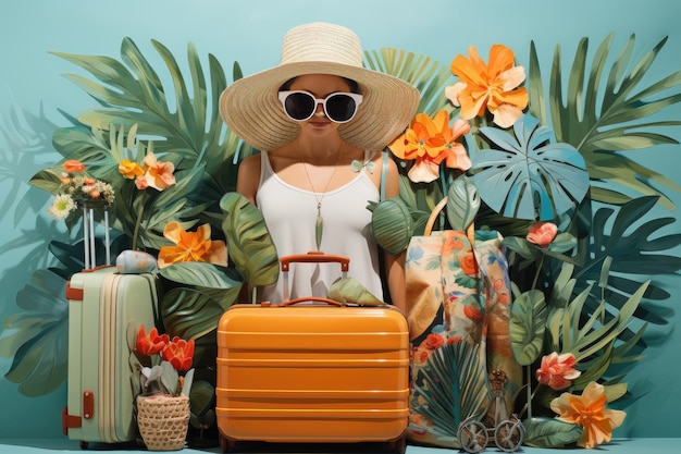 Un collage d'une fille avec des lunettes, des plantes tropicales et des valises.