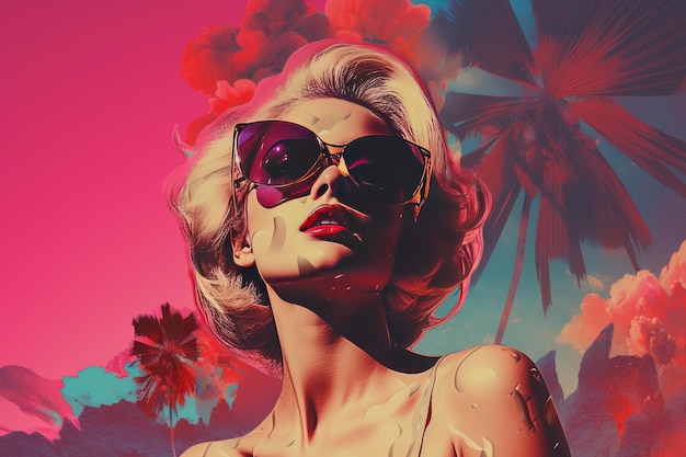 Collage d'une fille avec des lunettes de soleil sur un fond de palmiers
