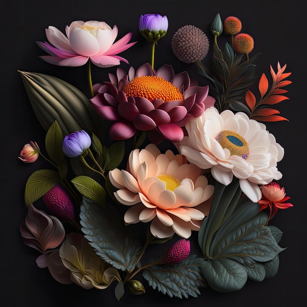 Un collage de fleurs et de feuilles avec le fond noir