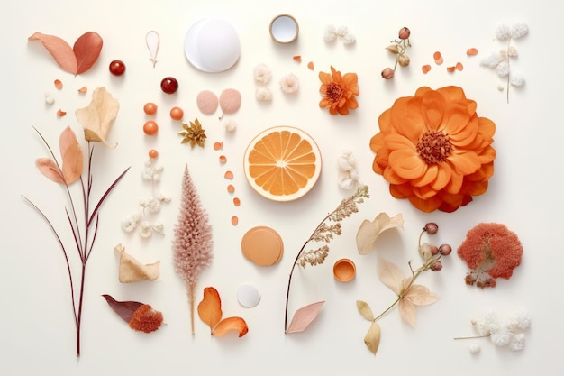 Un collage de fleurs et de fruits dont une fleur.