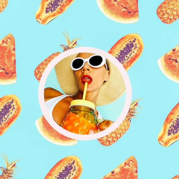 Collage Fresh Smoothies Girl dans des accessoires élégants. Chapeau et lunettes de soleil. Ambiance mode plage
