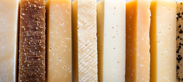 Un collage de fromages exquis avec des divisions blanches élégantes et des segments blancs brillants et rayonnants