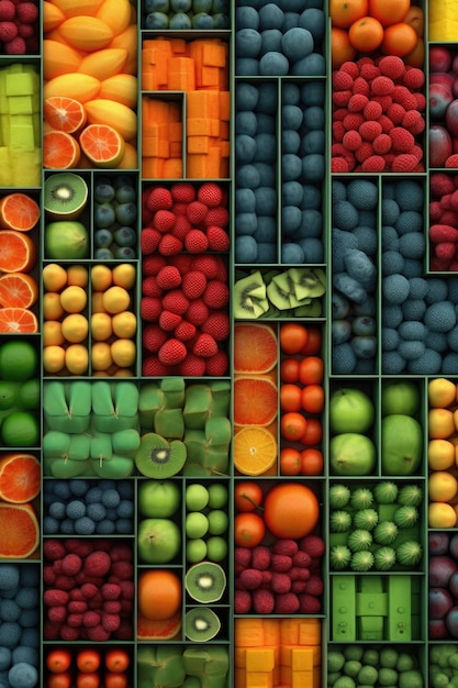 Un collage de fruits incluant le mot « gu »