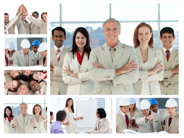 Photo collage de gens d'affaires posant et appréciant de travailler au bureau