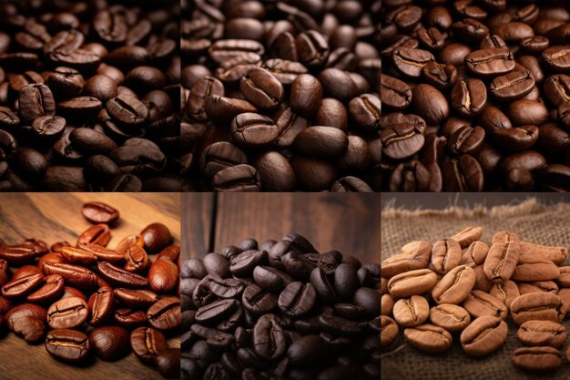 Photo un collage de grains de café représentant différentes étapes de torréfaction, du cru au torréfié italien