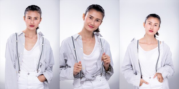 Collage Group Pack of Fashion Jeune femme asiatique maigre enveloppée de cheveux porter des bretelles blanches à clips de chemise posant un look glamour attrayant. Studio éclairage fond blanc copyspace isolé