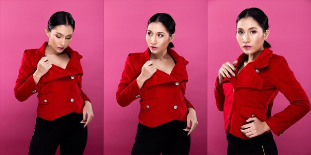 Collage Group pack Portrait of Asian Business Woman porte un costume formel rouge, a un look intelligent et confiant, un éclairage de studio Fond rose isolé, Lawyer Boss act posant un sourire élégant