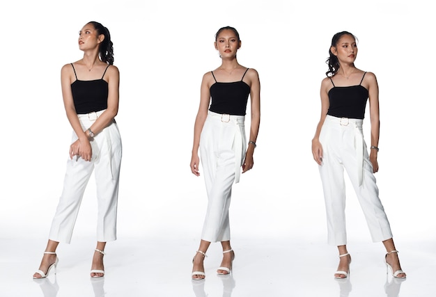 Collage Group Pleine longueur Figure snap de 20s Asian Woman cheveux noirs robe formelle et chaussures. Stands féminins et changer les poses de mode sur fond blanc isolé