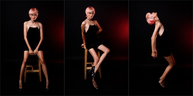 Collage Group Pleine longueur Figure snap de 20s Asian Woman rose cheveux mourants robe noire chaussures à talons hauts. Femme s'asseoir sur un tabouret en bois et pose sur fond noir isolé