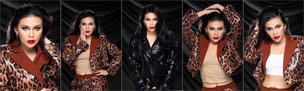 Collage Group Portrait of 20s Asian Woman a une coiffure noire et un maquillage à la mode, porte une veste à motif léopard sur un drap noir Espace de copie d'arrière-plan