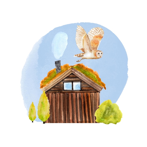 Collage d'un hibou sur une maison en bois conduits de fumée illustration aquarelle d'arbre