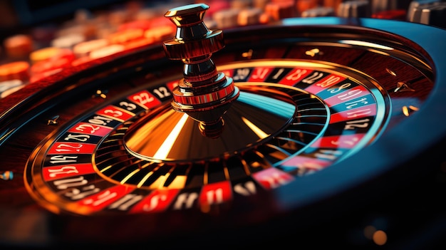 Collage d'images de casino avec une image dynamique en gros plan d'une table de roulette de casino multicolore avec po