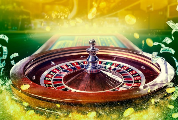 Collage d'images de casino avec une image vibrante en gros plan d'une table de roulette de casino multicolore avec pok...
