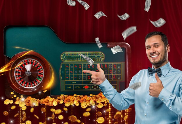 Collage d'images de casino avec table de roulette et homme souriant montrant les pouces vers le haut