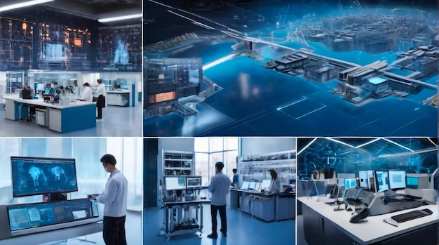 un collage d'images comprenant un laboratoire bleu et blanc avec un ciel bleu et un homme qui y travaille