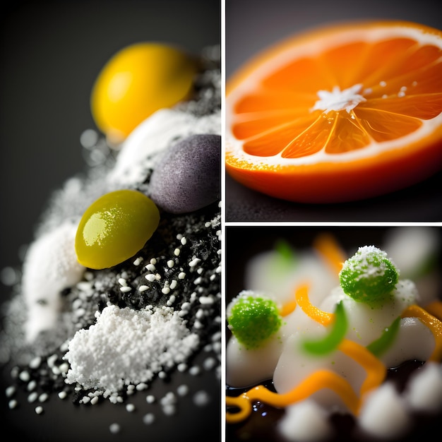 Un collage d'images avec différents aliments dont une orange, une orange, une orange, une orange et du sucre.