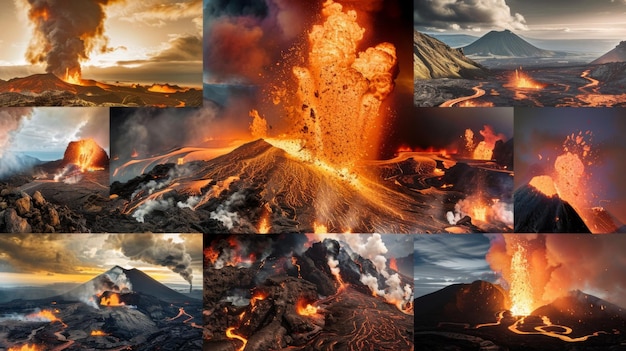 Photo un collage d'images documentant les étapes d'une éruption volcanique, des grondements initiaux au point culminant ardent et ses conséquences.