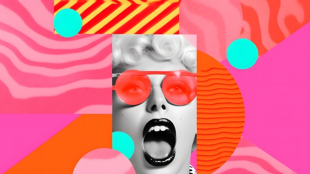 Un collage d'images avec une femme avec des lunettes rouges et une langue rose qui sort.