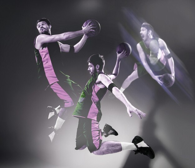 Collage d'images d'un joueur de basket avec un ballon