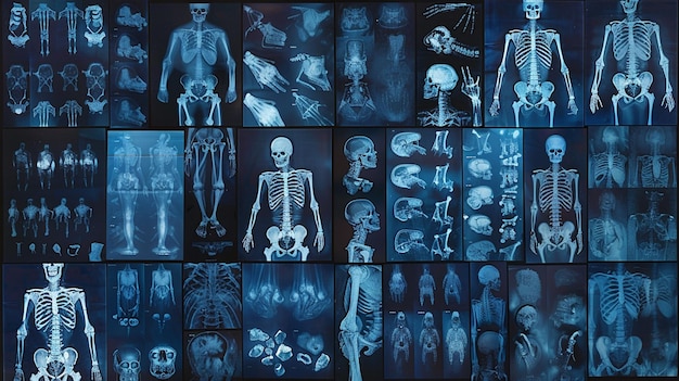 Photo un collage d'images x-ray détaillées en bleu montrant divers angles et sections du squelette humain