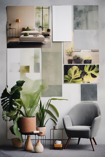 Collage intérieur de meubles de salon, de plantes et de matériaux de finition avec espace de copie