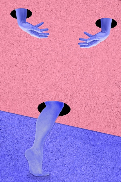 Collage avec des jambes et des paumes humaines dans un style surréaliste. Image de concept créatif moderne avec pieds et mains. Culture zine. Affiche d'art contemporain. Conception de surréalisme. Minimalisme génial. Jambe hors du mur.