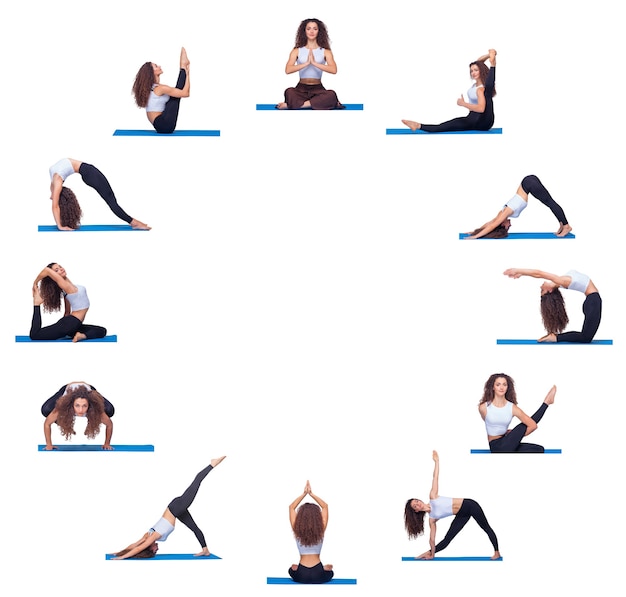 Collage de jeune belle fille de remise en forme faisant de l'exercice de yoga isolé sur blanc sous la forme d'une horloge ronde