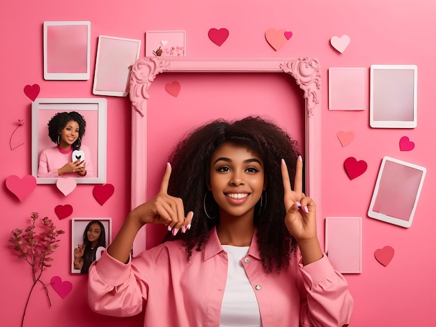 Collage avec une jeune femme noire faisant un geste de cœur dans un cadre photo demandant des likes sur les réseaux sociaux