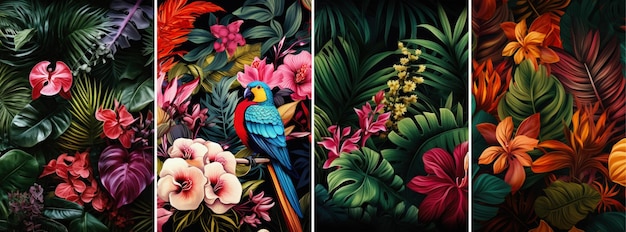 Collage lumineux avec des oiseaux exotiques et des feuilles tropicales Décoration florale Arrière-plan de la nature abstraite