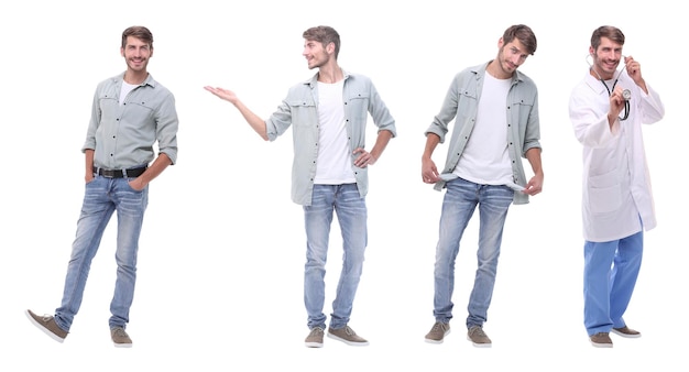 Collage médecin et jeune homme isolé sur blanc