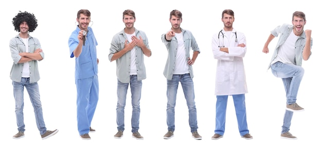 Collage médecin et jeune homme isolé sur blanc