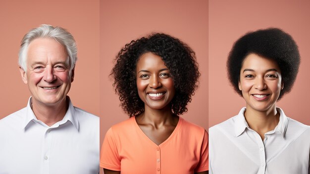 Collage mettant en vedette trois individus divers avec des tons de peau et des coiffures variés tous souriants