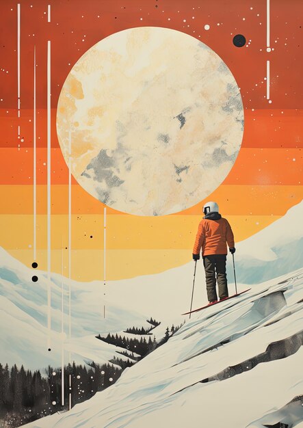 Collage minimaliste d'un humain en train de skier dans les montagnes en hiver avec une énorme planète dans le ciel