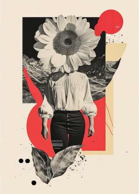 Collage moderne dans un style pop art moderne avec une photo d'une femme avec un tournesol au lieu d'une tête sur un fond beige avec des accents rouges générés par AI