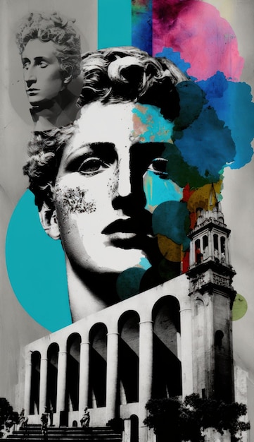 Collage moderne d'une statue antique avec des pièces de style papier journal et des traits de peinture colorés générés par l'IA