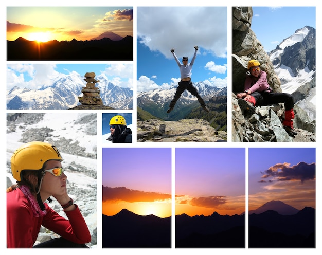 Collage - montagnes et randonneurs avec ciel bleu en arrière-plan.