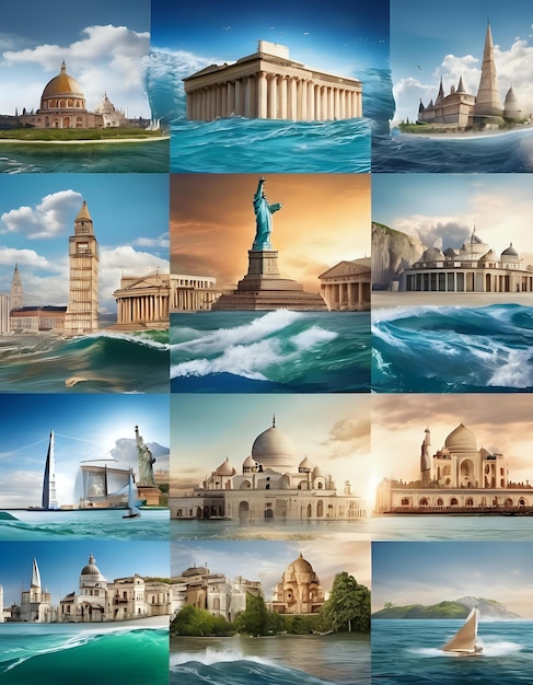 Un collage de monuments mondiaux affectés par l'élévation du niveau de la mer due au changement climatique
