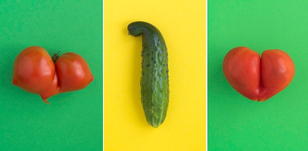 Collage de nourriture laide Tomate et concombre sur le fond coloré Gros plan