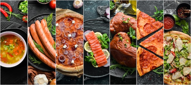 Collage de nourriture et de plats de viande, de poisson et de légumes