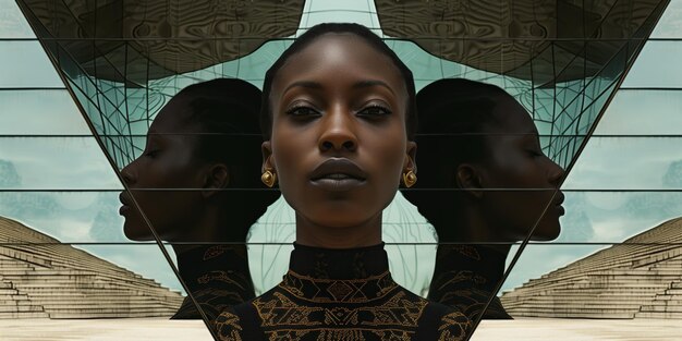 Collage numérique abstrait d'inspiration africaine avec une femme noire au milieu de l'architecture moderne