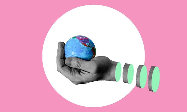 Un collage numérique d'art contemporain Une main tenant un globe sur un fond rose