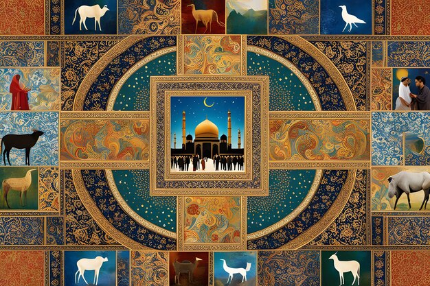 Le collage numérique d'Eid al-Adha entrelacé avec des histoires d'une communauté diversifiée se réunissant avec des images symboliques