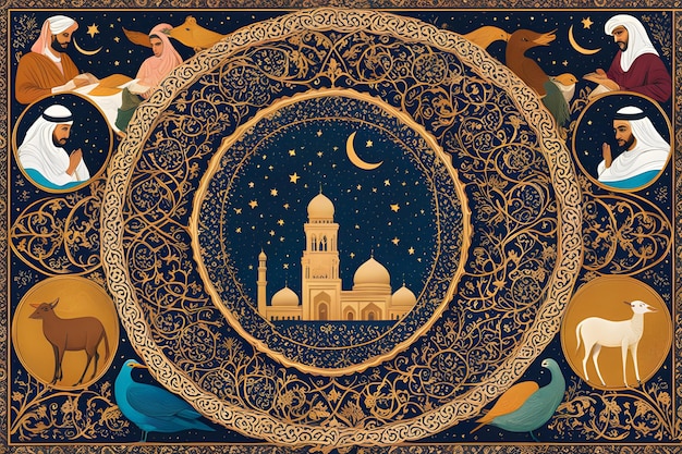 Le collage numérique d'Eid al-Adha entrelacé avec des histoires d'une communauté diversifiée se réunissant avec des symboles